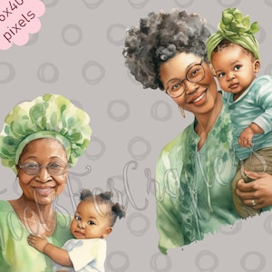 Día de la Madre / Abuela negra sosteniendo a su nieto Clipart 20 PNG de alta calidad - Descarga digital - Revistas de arte, álbumes de recortes, creación de tarjetas