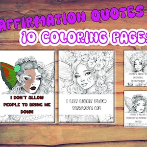 Desenhos para colorir de meninas com afirmação positiva, arte inspiradora para impressão, folha para colorir de amor-próprio, fada afro-americana 5TTCA