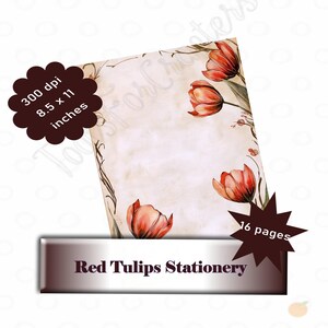 Red Tulips Stationery, junk journal, decorative, digital paper, journal supplies, paper backgrounds, scrapbook pages - 4GVSF