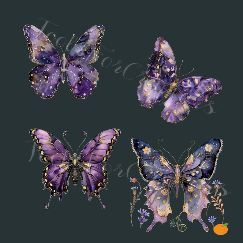 Purple Gold Butterfly Clipart, Printable Watercolor, PNG, Digital ...