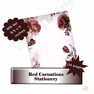 Red Carnations Stationery, junk journal, decorative, digital paper, journal supplies, paper backgrounds, scrapbook pages - 4GVSF