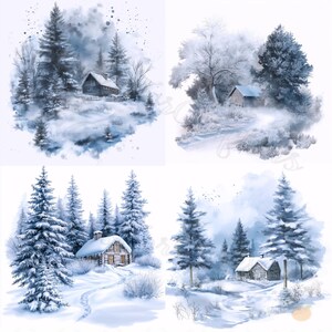 Cozy Winter Cabin, cottage JPG, snowy landscape, watercolor house, winter season, Christmas clipart, winter wonderland 4JXMS