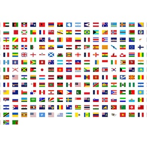 May include: A comprehensive rectangular grid display featuring a vast collection of small, colourful national flags from countries around the world, arranged in neat horizontal rows and vertical columns against a plain white background.