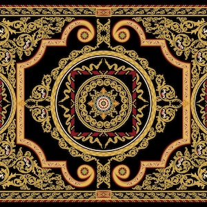 May include: A rectangular black rug with an ornate gold and red design. The rug features a central medallion and repeating floral and scroll patterns. The border is a repeating pattern of red and gold.