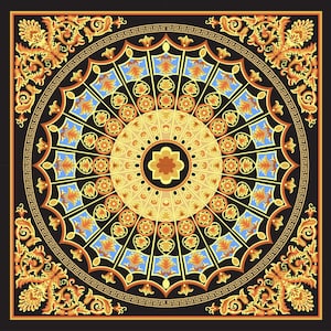 May include: A square, ornate design featuring a central circular pattern with a floral motif in shades of gold, orange, and blue against a black background. The design includes a Greek key border and decorative corner elements.