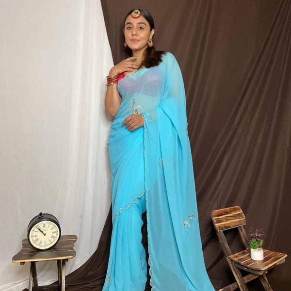 Sky Blue Pure Georgette Handwork Sequence Saree, Saree For USA Women, Designer Saree,Sequence Saree,Party Wear Saree,Wedding Wear Saree,Sari