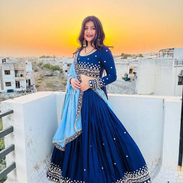 Light blue thread work lehenga set
