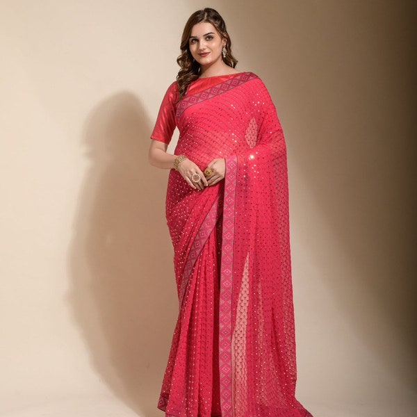 Red Color Beautifully Designed Georgette 1 Min Ready To Wear Saree, Stitched saree, Pre Stitch Saree, Ready To Wear Saree, Saree For USA.