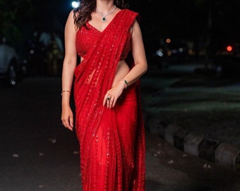 Red Soft Net Sequence Embroidery Work Saree, Saree For USA Women, Designer Saree, Net Saree, Red Saree, Saree Blouse, Wedding Wear Saree.