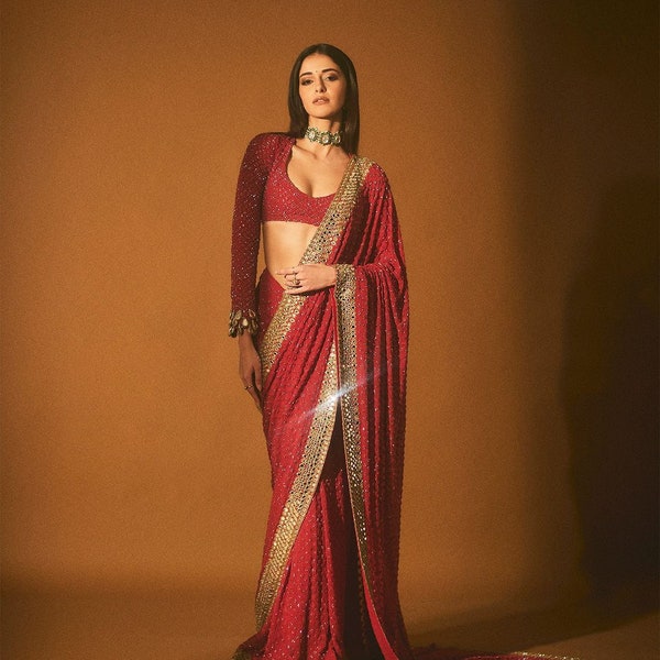 Ananya Pandey Red Color Designer Sequins Georgette Saree, Red Saree, Party Wear Saree, Sequins Saree, Saree For USA Women,Wedding Wear Saree