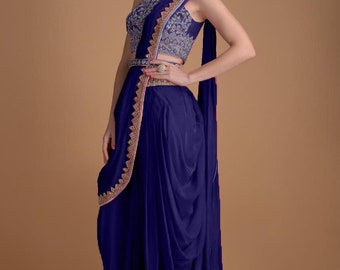 Blue Crop Top With Dhoti Pants And Dupatta Set Bollywood Designer dark blue Sari For Women, Inspired Sarees net Indian Ethnic saree