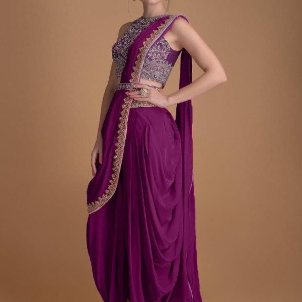 Purple Crop Top With Dhoti Pants And Dupatta Set Bollywood Designer Plum Saree For Women, Inspired Sarees net Indian Ethnic saree