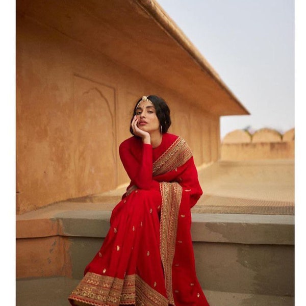 Saree en georgette lourde brodée séquence rouge, sari pour femme des États-Unis, sari pour tenue de mariage, sari pour tenue de fête, sari séquence, sari noir.