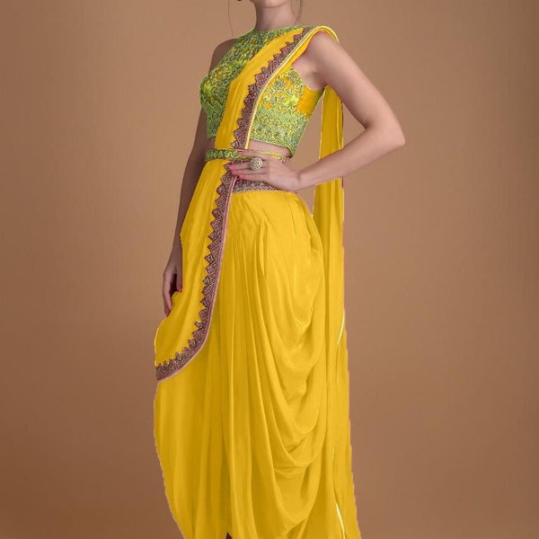 Yellow Crop Top With Dhoti Pants And Dupatta Set Bollywood Designer Yellow Saree For Women, Inspired Sarees net Indian Ethnic saree