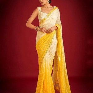 Beautiful Yellow and white Saree. Women Ethnic Wear saree, walima sari embroidery. Bridesmaid readymade blouse saree collection