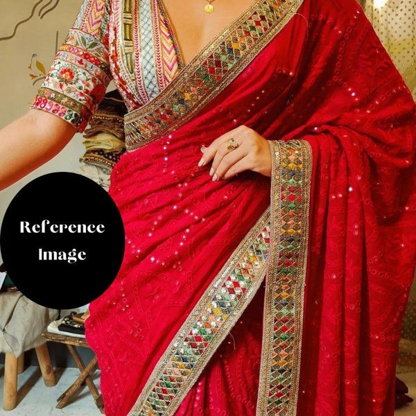 Red Color Durga Pooja Georgette Silk Sequence Saree, Saree For USA Women, Designer Saree, Wedding Wear Saree, Red Saree, Saree Blouse, Saree