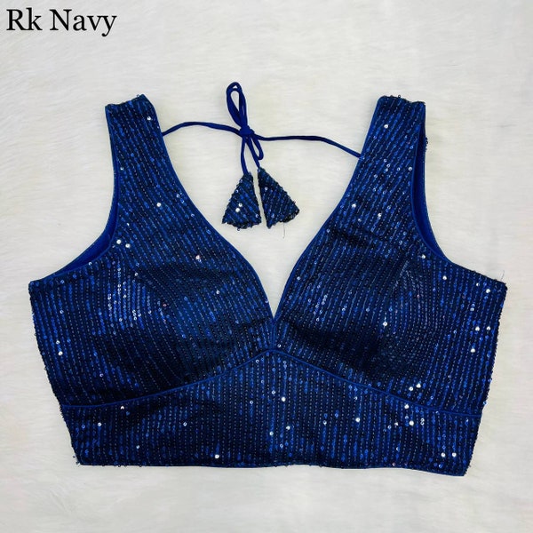 Readymade Designer Blue Color Zara Sequins Fabric With Sweetheart Neckline And Sleeveless Blouse, Party Wear Blouse, Wedding Wear Blouse USA