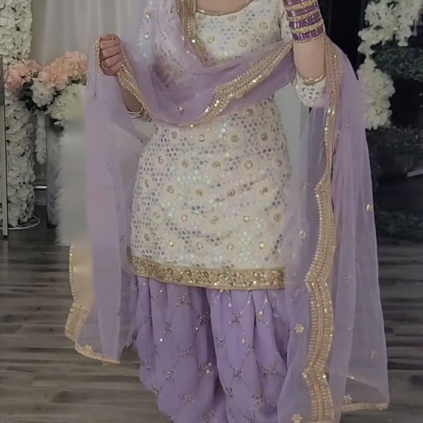 Punjabi viola Dhoti Salwar Kameez con lavoro di ricamo pesante per le donne, pronto da indossare abito Salwar cucito, abiti da sposa indiani