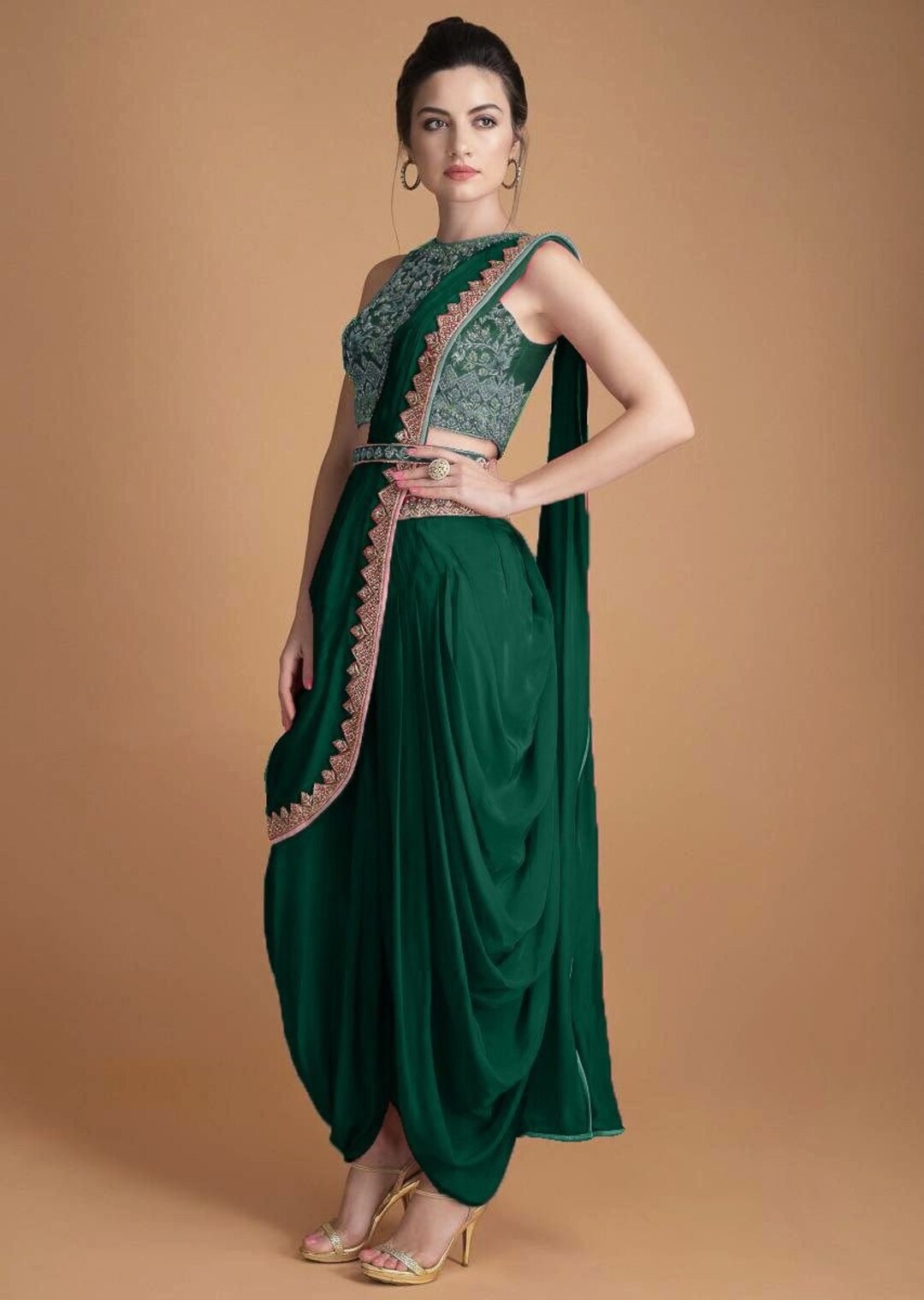 Green Crop Top With Dhoti Pants and Dupatta Set Bollywood Designer Plum