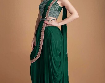 Green Crop Top With Dhoti Pants And Dupatta Set Bollywood Designer Plum Saree For Women, Inspired Sarees net Indian Ethnic saree