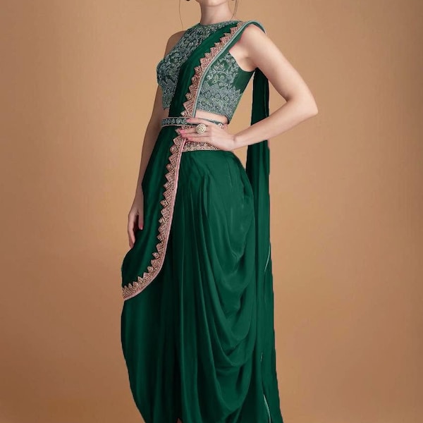 Ensemble haut court vert avec pantalon Dhoti et ensemble dupatta sari prune de créateur bollywoodien pour femme, sari ethnique indien inspiré