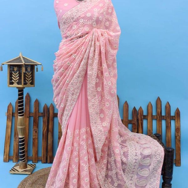 Pink Color Most Beautiful Thread Work Saree Collection, Saree Blouse, Diwali Saree, Navratri Special, Party Wear Saree, Saree For Women,Sari