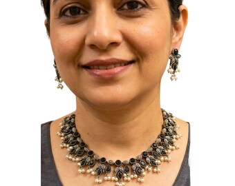 Black & White Oxidised Necklace Set with Earrings
