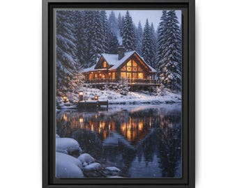 May include: A framed canvas print depicts a cozy cabin nestled in a snowy forest, with a lake reflecting the warm interior lights. The scene is set during a snowfall, creating a serene winter landscape.