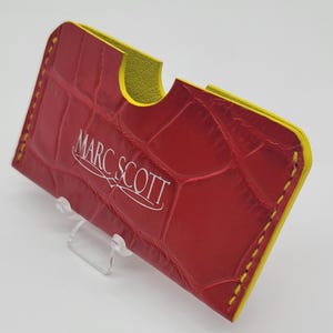 Monedero para tarjetas, ranura única, tarjetero múltiple, piel de cocodrilo en relieve, rojo y amarillo