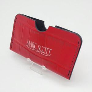 Monedero para tarjetas, ranura única, tarjetero múltiple, piel de cocodrilo en relieve, rojo y negro