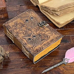 Handmade Owl Journal: Embossed Leather Book of Shadows, Vintage Paper Blank spell book of shadows, Junk journal, Gift For Him Her,