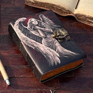 Angel Leather Journal: Handmade Grimoire with Vintage Deckle Edge Paper Blank spell book traveling sketchbook Notebook Dairy With Lock