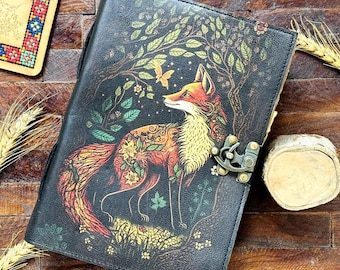 Fox Leather Grimoire: Vintage Spell Book of Shadows with Deckle Edge