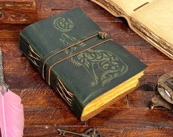 Handmade Leather Journal: Wolf Book of Shadows, Wiccan Grimoire Celestial Leather Journal Celestial Book of Shadows  Witchcraft Gift Witches