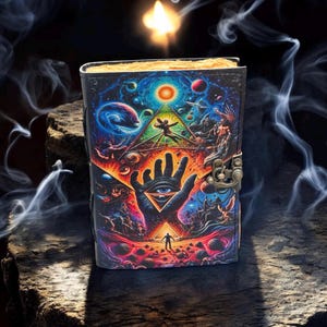 May include: A leather-bound journal with a vibrant, psychedelic illustration. The cover features a hand with an eye, a pyramid, and cosmic elements in a colorful, detailed design. It has a metal clasp and aged paper edges.