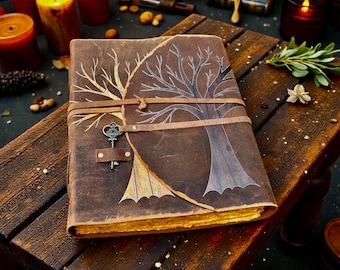 Diario de cuero Árbol de la Vida: Libro de sombras en blanco, papel con bordes deshilachados