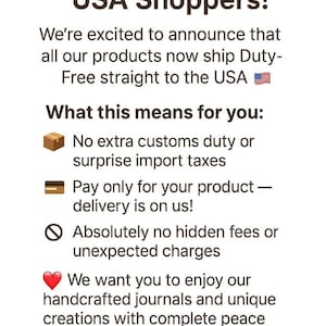 Pode incluir: Texto em fundo branco que anuncia "Great News for Our USA Shoppers!" e afirma que os produtos s&atilde;o enviados isentos de impostos para os EUA. O texto tamb&eacute;m lista benef&iacute;cios como isen&ccedil;&atilde;o de direitos alfandeg&aacute;rios, entrega inclu&iacute;da e sem taxas ocultas.