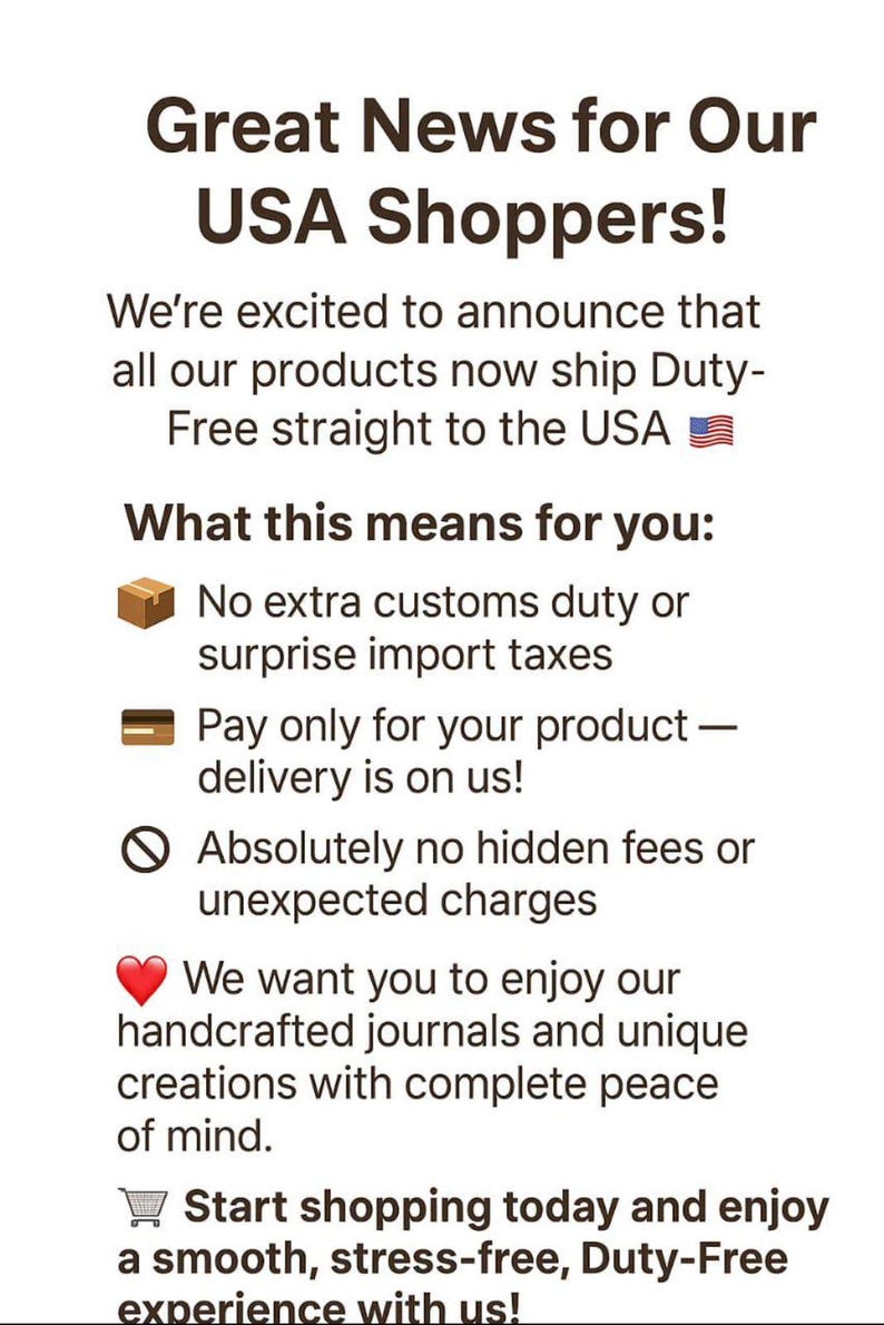 Pode incluir: Texto em fundo branco que anuncia "Great News for Our USA Shoppers!" e afirma que os produtos s&atilde;o enviados isentos de impostos para os EUA. O texto tamb&eacute;m lista benef&iacute;cios como isen&ccedil;&atilde;o de direitos alfandeg&aacute;rios, entrega inclu&iacute;da e sem taxas ocultas.