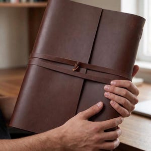 May include: A large, brown leather journal with a wrap-around strap closure. The journal is held open, showcasing its thick pages. The leather has a rich, warm tone, and the design suggests a handcrafted quality. The journal is a classic stationery item.