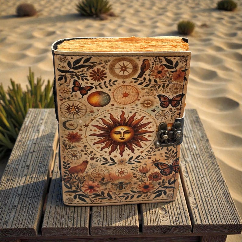 Celestial Sun Leather Journal With Lock – Handmade Deckle Edge Notebook ...