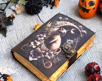 Handmade Magic Cat Leather Journal: Deckle Paper Blank spell book Celestial Leather Journal Book of Shadows  Witchcraft Gift Witches Journal