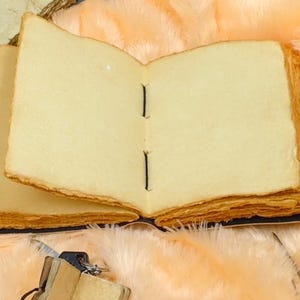 May include: A blank, cream-colored journal with a brown leather cover and black stitching. The journal is open and lying on a peach-colored fuzzy surface.