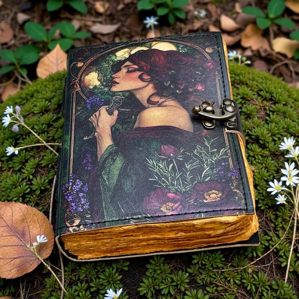 Handmade Leather Journal | Vintage Art Woman, Deckle Edge Paper Book Of Shadhows