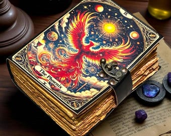 May include: A leather-bound journal with a vibrant cover featuring a phoenix design. The cover is adorned with celestial elements and the text "The Phoenix". The journal has a metal clasp and aged, gilded edges.