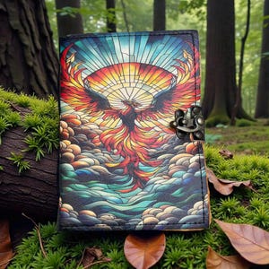 May include: A leather journal with a colorful phoenix design. The cover features a stained-glass style illustration of a phoenix rising from clouds, with a sunburst background. The journal has a metal clasp and is set against a mossy forest floor.