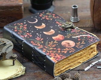400 Page Large Grimoire Vintage leather journal, Moon Phase Fat Journal, Blank spell book of shadows Celestial Christmas Gifts For Him Her
