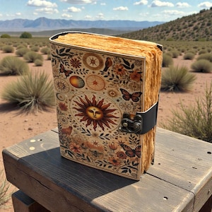 Notizbuch „Cestial Sun“ aus Leder mit Schloss – Handgefertigtes Notizbuch mit Büttenrand