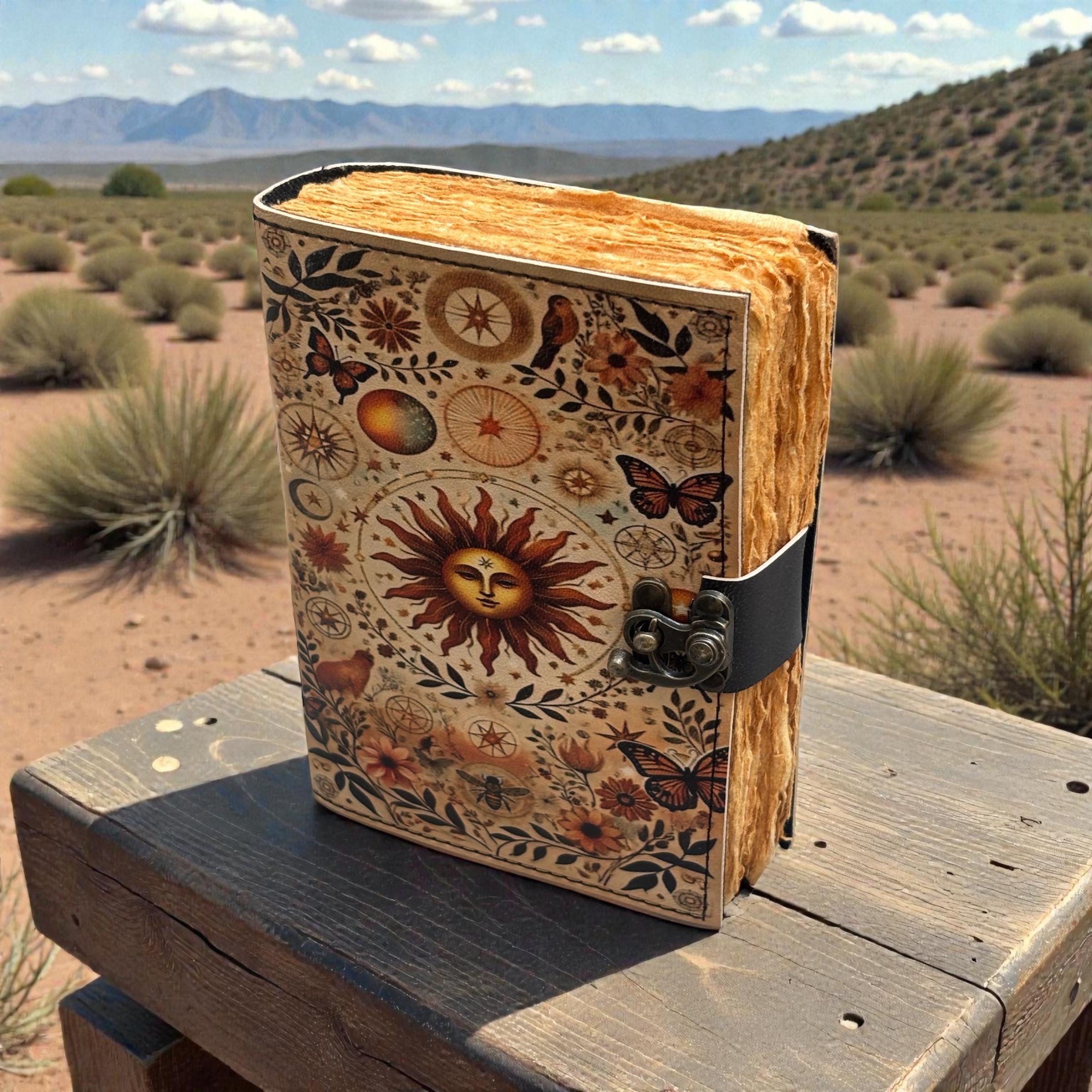 Celestial Sun Leather Journal With Lock – Handmade Deckle Edge Notebook ...