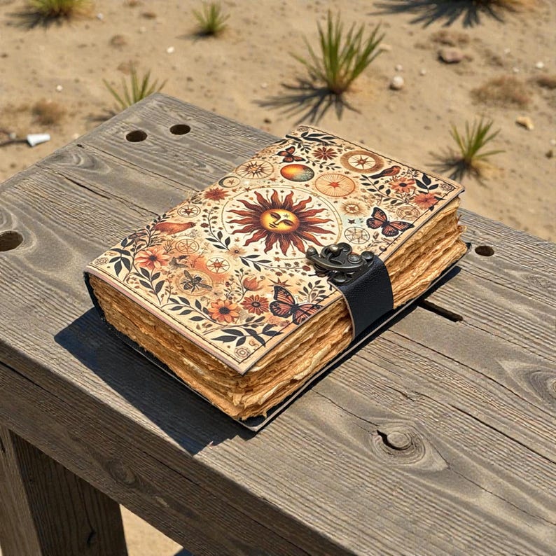Celestial Sun Leather Journal With Lock – Handmade Deckle Edge Notebook ...