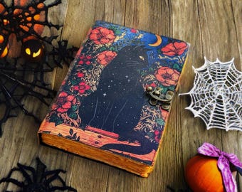 Handmade Celtic Cat Leather Journal: Deckle Edge Book of Shadows Celestial Leather Journal Celestial Book of Shadows  Witchcraft Gift